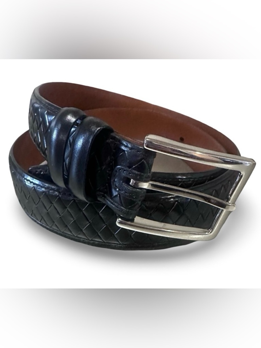 Johnston & Murphy NEW men's black leather belt basketweave or woven embossed M/L